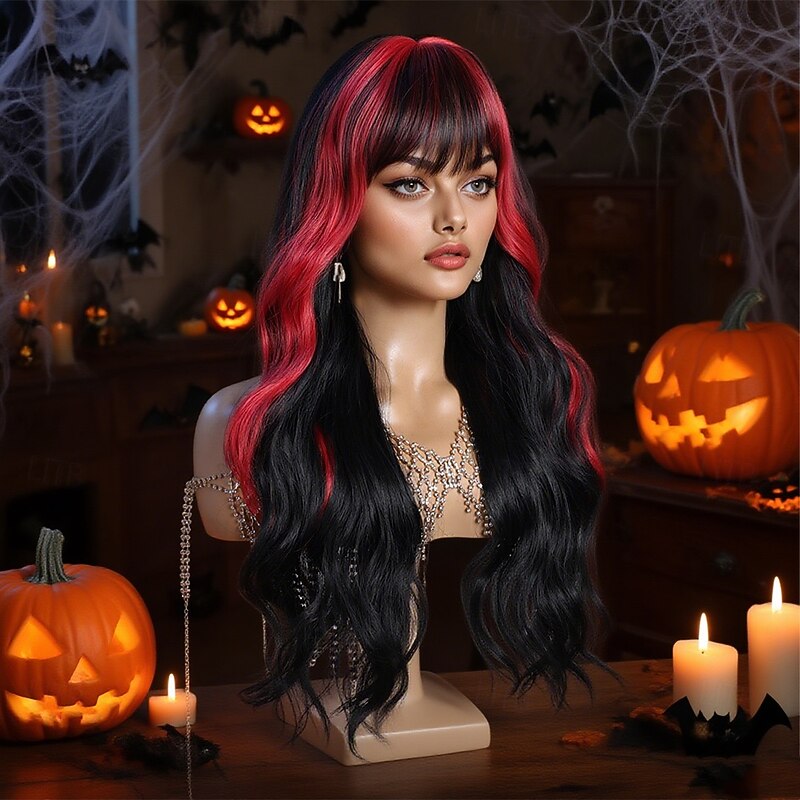 Synthetic Wig Body Wave Wavy Middle Part Neat Bang Wig 26 inch Black / Red Synthetic Hair 26 inch Women's Soft Comfy Multi-color3