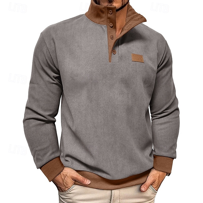 Men's Sweatshirt Corduroy Fleece Sweatshirt Pullover Hoodie Sweatshirt Button Up Hoodie Apricot Black Army Green Navy Blue Blue Standing Collar Plain Patchwork Sports & Outdoor Casual Daily