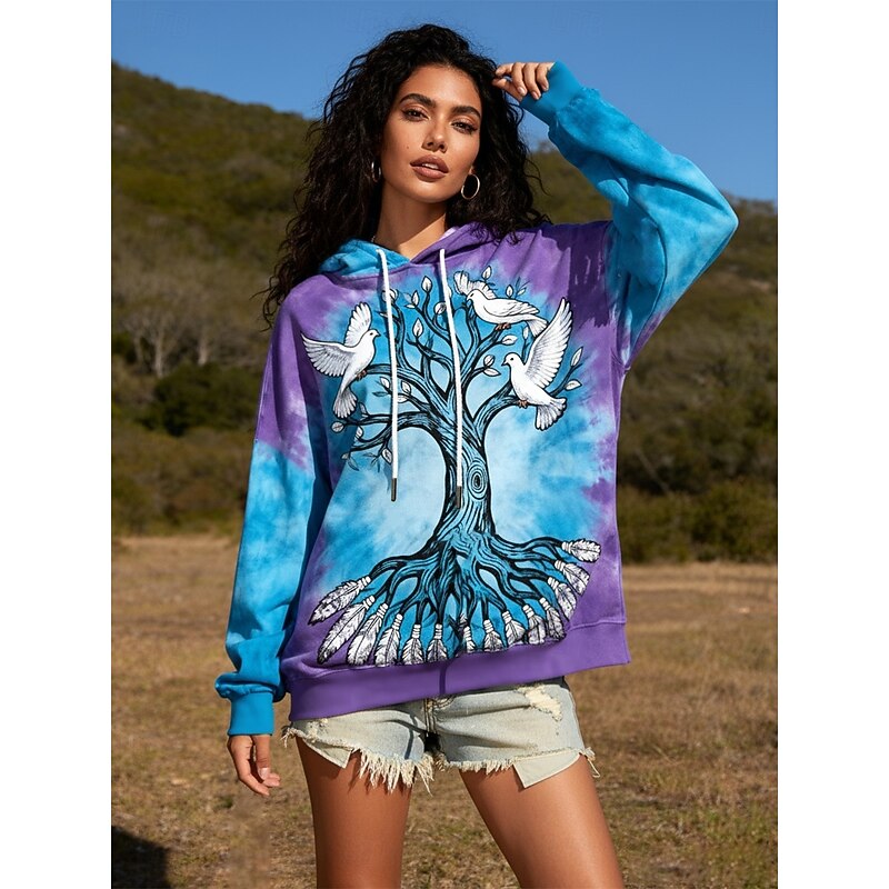 Women's Pullover Hoodies Graphic Fashion Streetwear Casual Long Sleeve Hooded Regular Tops Dailywear Casual Drawstring Print Blue Spring Fall2