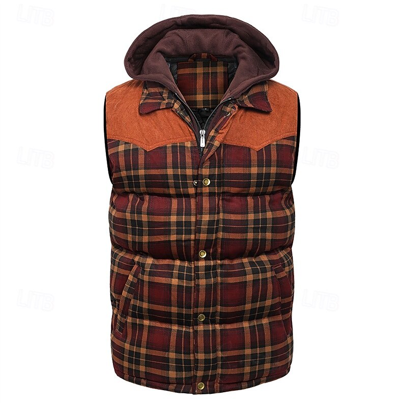 Men's Puffer Vest Vest Gilet Vacation Daily Date Fashion Casual Fall Winter Pocket Polyester Warm Comfortable Plaid Zipper Hooded Regular Fit Red Green Army Green Vest2