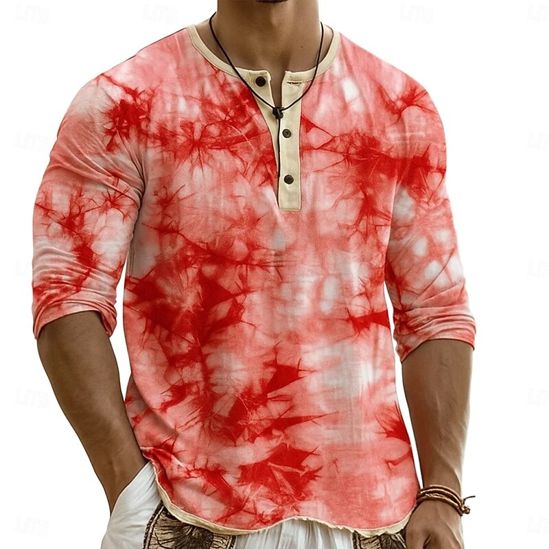 Men's Henley Shirt Tee Henley Top Long Sleeve Tie Dye Fashion Designer Casual Tie Dye Color Block Buttons Henley Outdoor Casual Daily Summer Spring All Seasons Red Navy Blue Blue Henley T-Shirt
