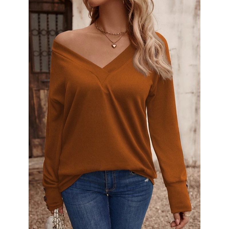 Women's Sweater Casual Soft Pure Color Ribbed V Neck Buttons Long Sleeve Regular Tops Knit Outdoor Daily Weekend Black Pink Fall Winter2
