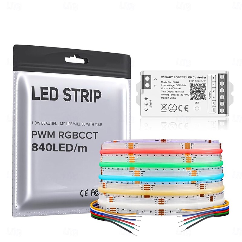 COB LED Strip RGBCCT Color Changing 16.4FT 840LED/m Flexible High Density Light  Optional RF 2.4GHz Wireless Remote Tuya Controller 4 Zones Group Control PWM RGBCCT2