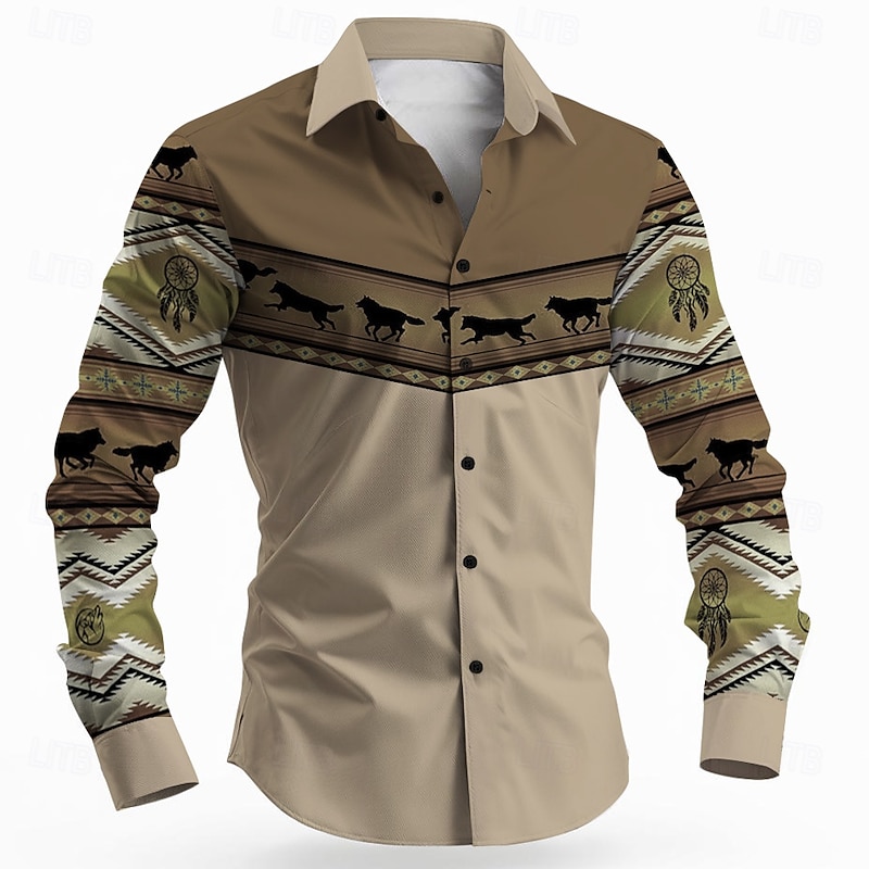 Men's Wolf Dream Catcher Ethnic Shirt Button Up Shirt Long Sleeve Vintage Retro Outdoor Camping & Hiking Hunting Spring Fall Turndown 3D Print Collared Shirts Orange Khaki Beige3