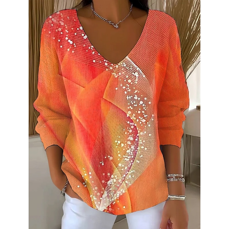 Women's Sweater Casual Soft Graphic Geometric Abstract Ribbed V Neck Knitted Print Long Sleeve Regular Tops Knit Outdoor Daily Weekend Orange Fall Winter