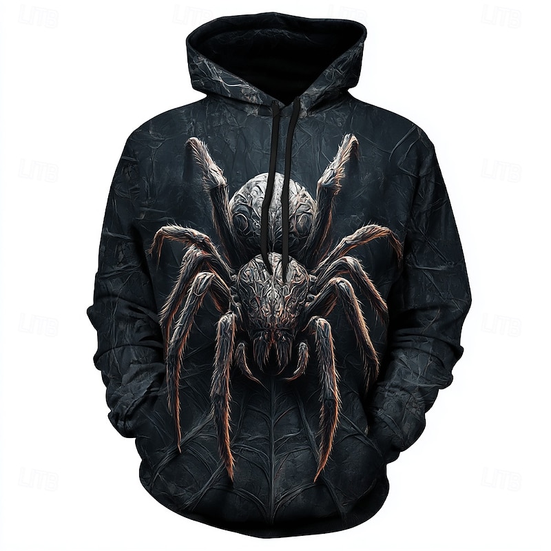 Halloween Men's Spider 3D Hoodie Sweatshirt Punk Exaggerated Crew Neck Club Streetwear Black 1 Black Drawstring Fall Winter Designer2