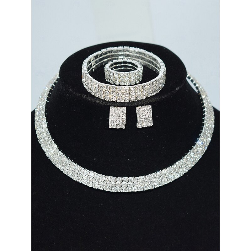 Women's 4-Piece Rhinestone Jewelry Set - Sparkly Necklace, Earrings, Bracelet and Ring for Ballroom Dance, Cocktail Party and Formal Events3