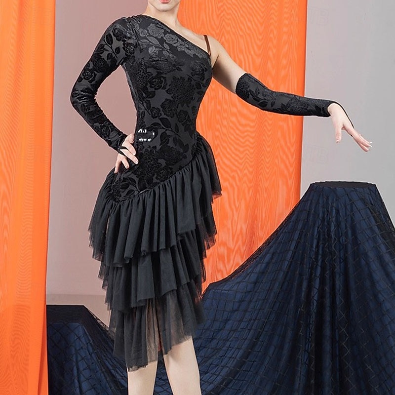 Latin Dance Dress Splicing Women's Performance Daily Wear Long Sleeve Crystal Cotton Mesh3