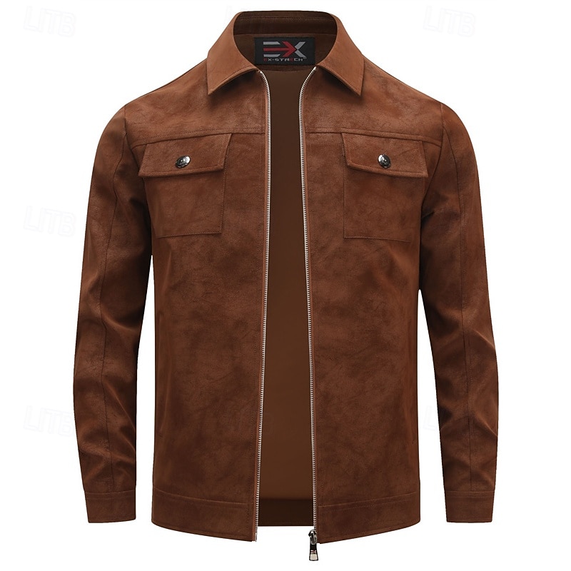 Men's Faux Leather Jacket Faux Suede Jacket Vacation Daily Windproof Warm Pocket Fall Winter Plain Fashion Classic Lapel Regular Black Khaki Jacket
