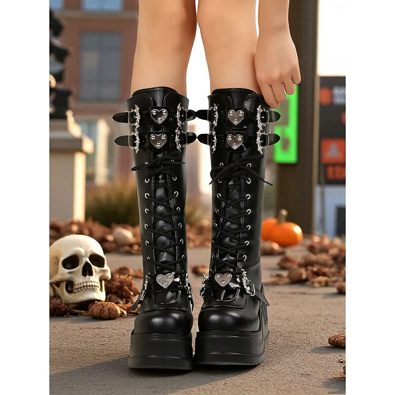 Women's Black Gothic Platform Lace-Up Boots – Punk Skull Buckle Tall Wedge Boots for Halloween Cosplay, Concerts and Alternative Streetwear4