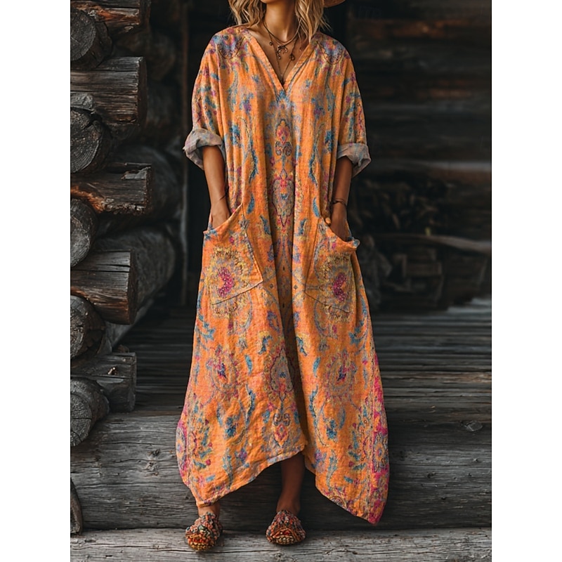 Women's Maxi Dress A Line Dress Vacation Casual Daily Regular Fit Floral Graphic Paisley Long Sleeve V Neck Deep Green Yellow Pink Blue Summer Spring Fall