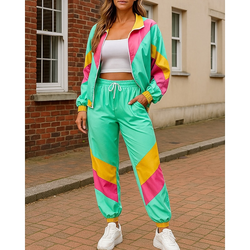 Women's Zip Up Sweatshirt 80s Sportswear 2 Piece Tracksuit Baggy with Pocket Color Block Clothing Suit Fall Green Hiking Vocation Outdoor Lightweight Long Sleeve Sport Activewear Micro-elastic