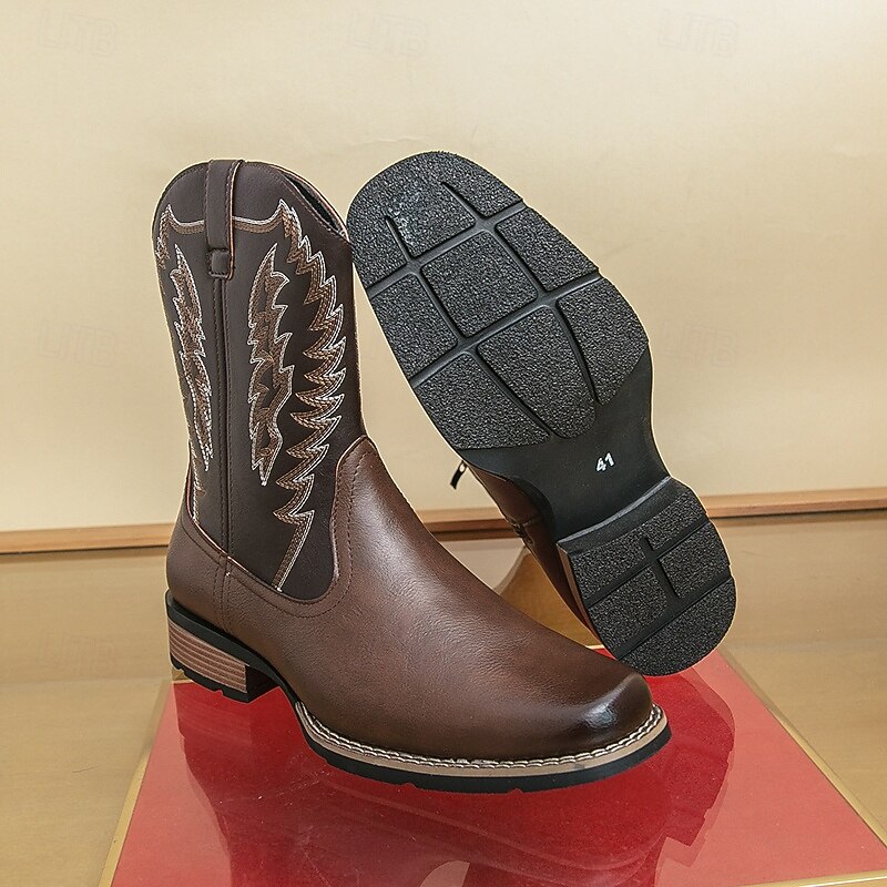 Men's Brown Western Cowboy Boots with Embroidered Wing Pattern, Classic Square Toe, Comfortable Fit, Durable Riding Style Footwear for Ranch, Rodeo, Country Concerts and Outdoor Work3