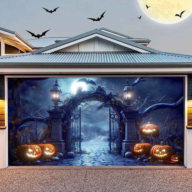 Halloween Garage Door Cover Large Hanging Decoration Horror Backdrop Mural Skeleton Ghost Pumpkin Outdoor Yard Front Porch Wall Party Decorations