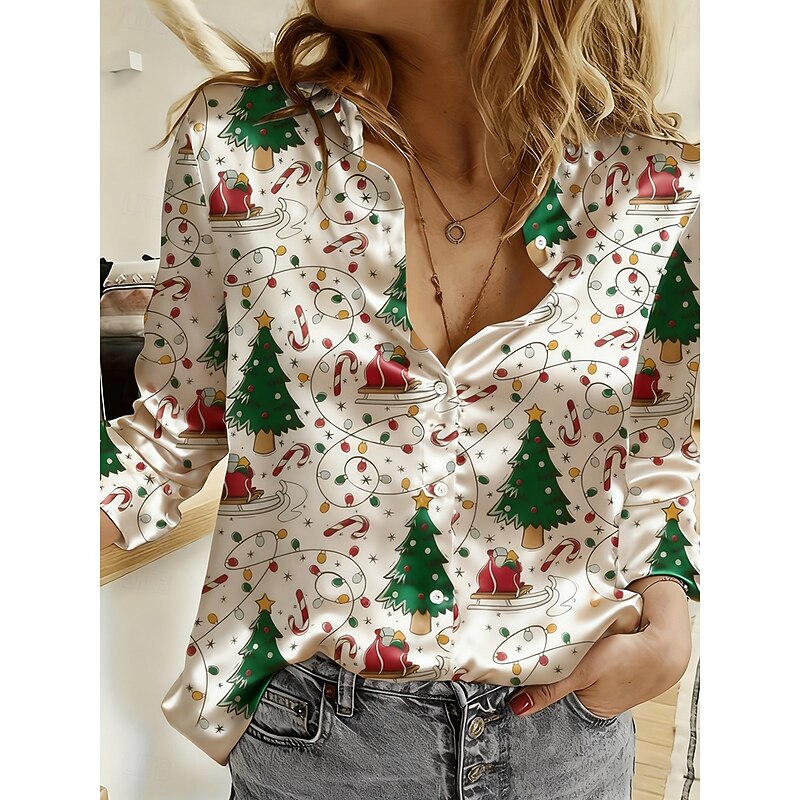 Christmas Women's Shirt Graphic Santa Claus Elegant Vintage Stylish Long Sleeve Shirt Collar Regular Tops Work Daily Holiday Black Green Beige Fall Winter2