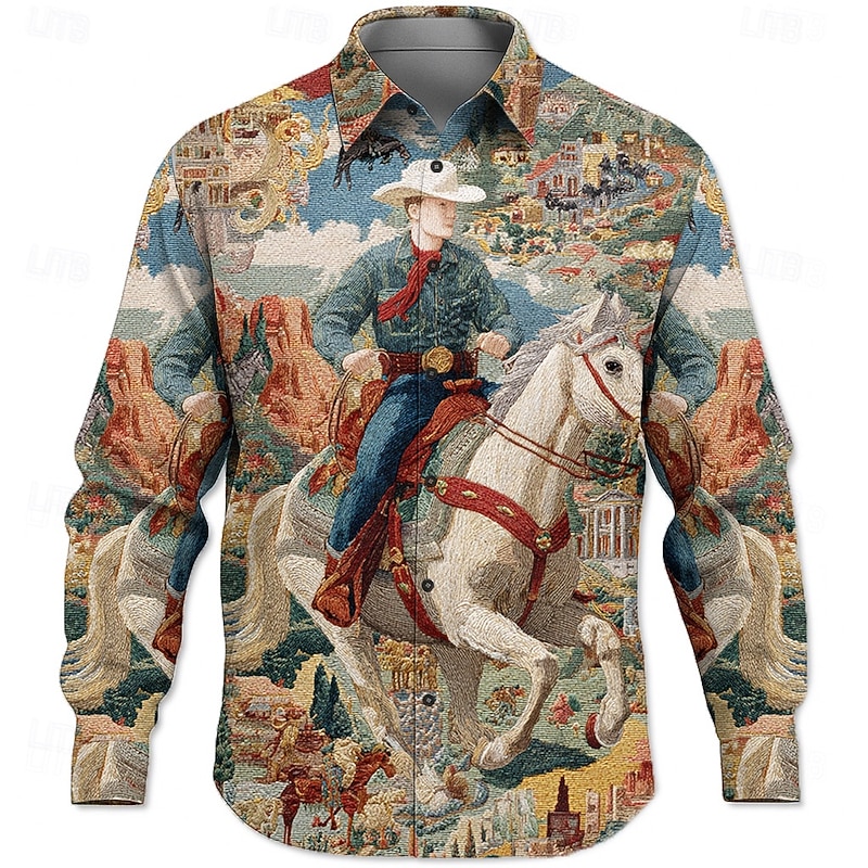 Men's Cowboy Riding Horse Shirt Western Shirt Button Up Shirt Long Sleeve Vintage Retro Outdoor Casual WorkWear Spring Fall Turndown 3D Print Collared Shirts Blue