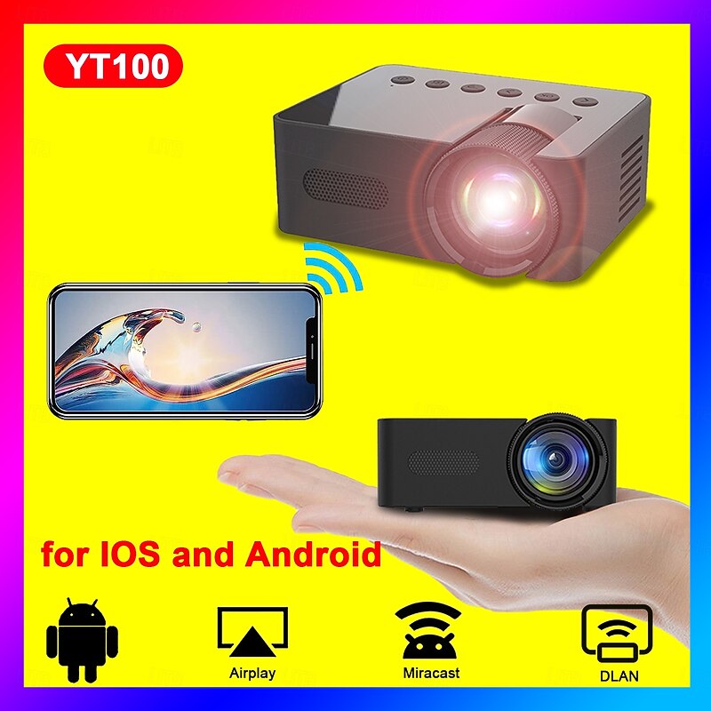 YT100 Mini Projector Wireless WIFI Display Screen Mirror with iOS and Android Smartphones Support USB Input Pocket Projector for Classic Movie Kids Animation3