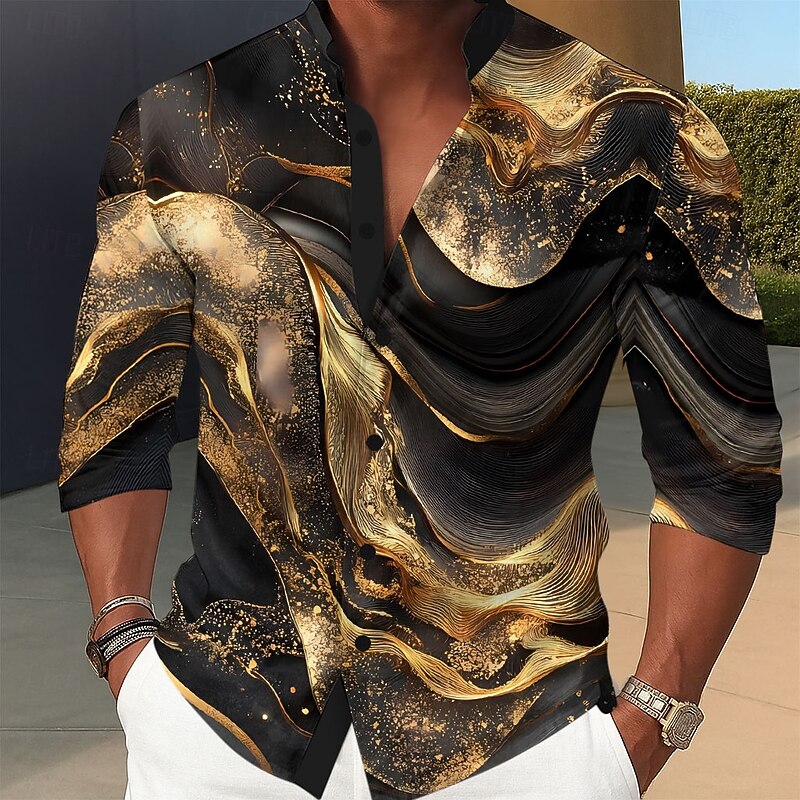Men's Geometric Pattern Marble Abstract Liquid Art Shirt Stand Collar Shirt Long Sleeve Fashion Casual Dailywear Holiday Spring Fall Mandarin Collar Band Collar 3D Print Button Up Shirts Blue Purple