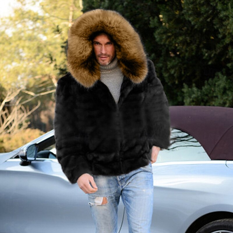 Men's Winter Jacket Fleece Jacket Faux Fur Coat Vacation Casual Thermal Warm Keep Warm Fleece Fall & Winter Plush Elegant Punk Hooded Regular Black Jacket2