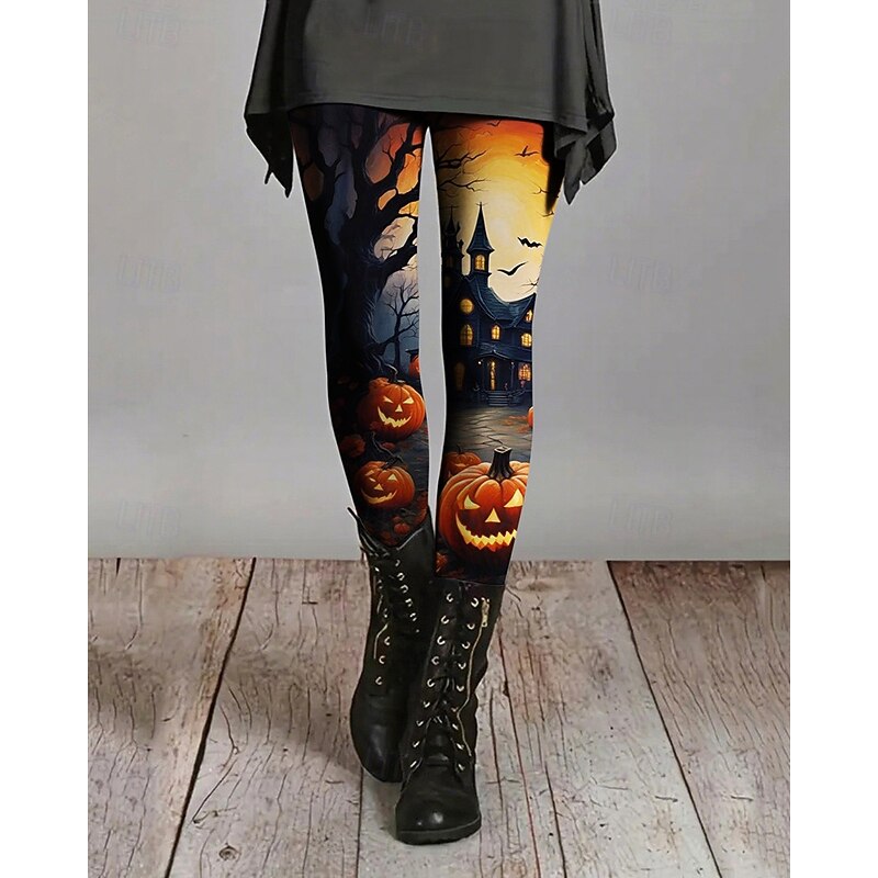 Women's Leggings Cozy Leggings Basic Casual Full Length High WaistPantsHalloween Graphic Printing Thermal Warm Comfortable Stretchy Vacation Casual Daily Orange Fall Winter Slim Fit