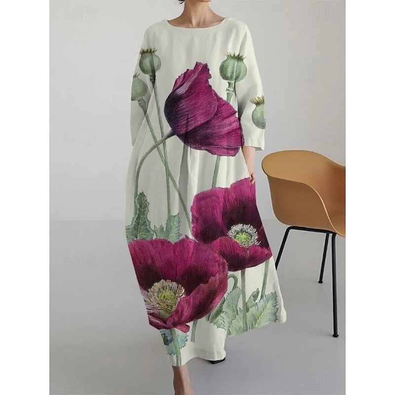 Women's Maxi Dress A Line Dress Fit And Flare Dress Party Birthday Casual Party Office Wedding Guest Loose Fit Floral Graphic Long Sleeve Crew Neck Yellow Red Blue Green Spring Fall Winter Autumn