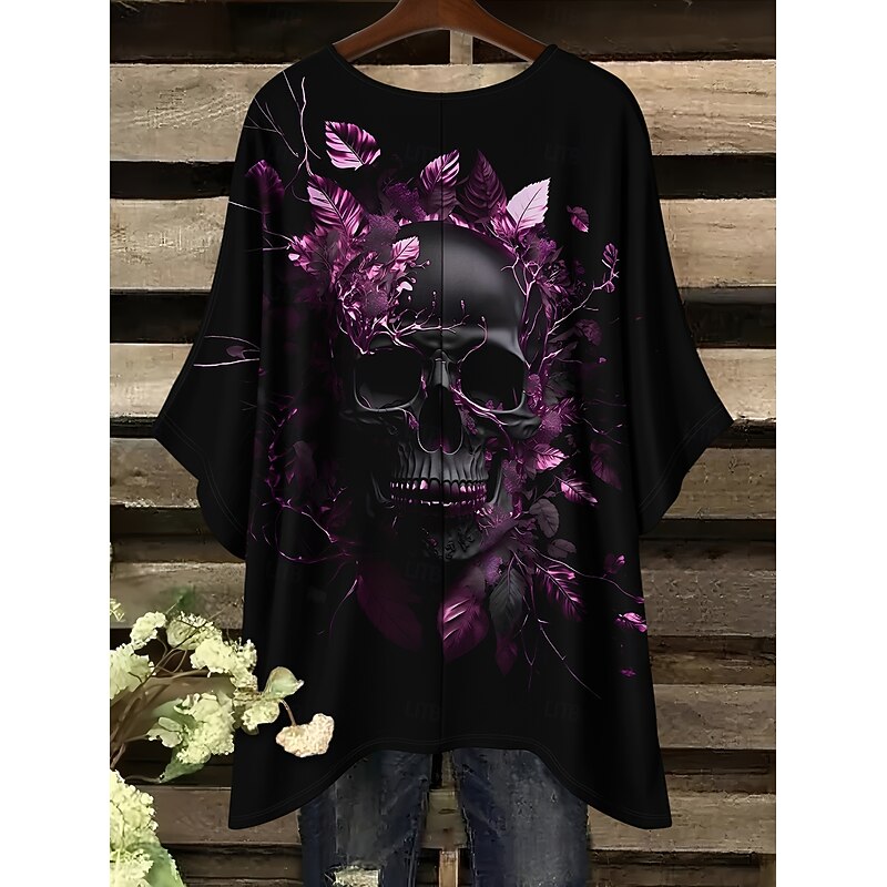 Halloween Women's Blouse Skeleton Graphic Skull Vintage Daily Casual Half Sleeve Batwing Sleeve Crew Neck Long Tops Daily Holiday Black White Spring Fall4