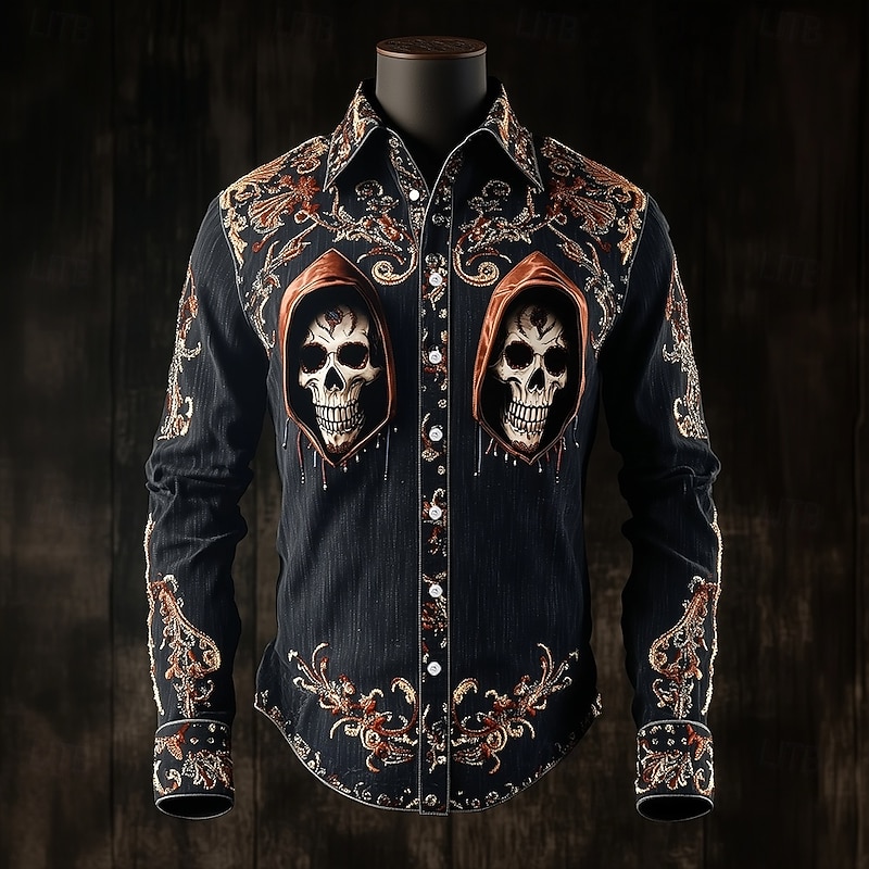 Men's Paisley Skull Floral Print Shirt Western Shirt Cowboy Shirt Long Sleeve Ethnic Vintage Retro Outdoor Vacation Spring Fall Turndown 3D Print Linen Like Shirt Black