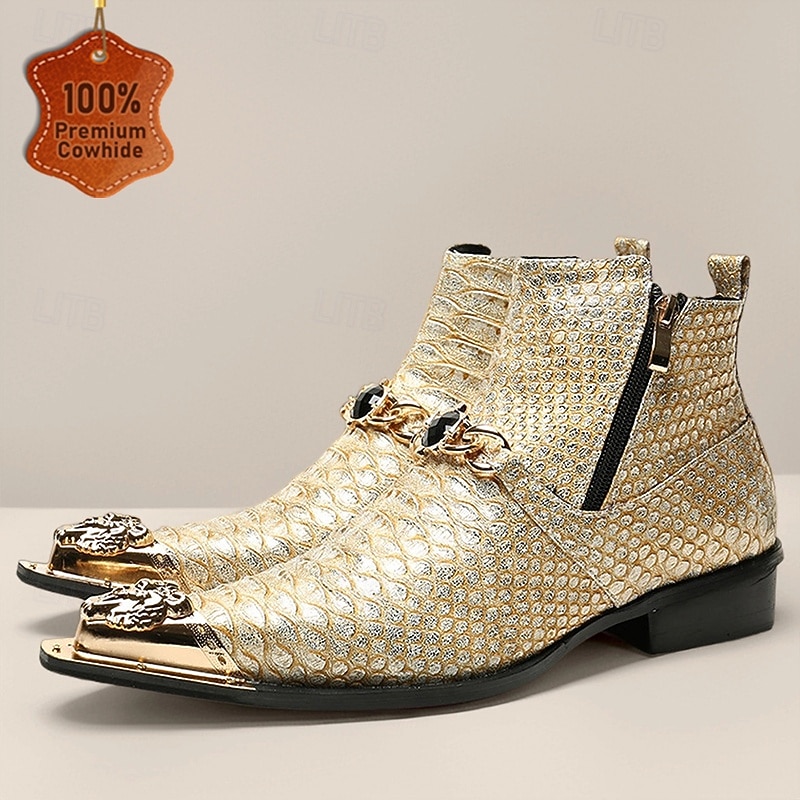 Men's Gold Geometric Western Boots with Studded Accents – Unique Footwear for Trendy Occasions, Fashion Events and Special Celebrations