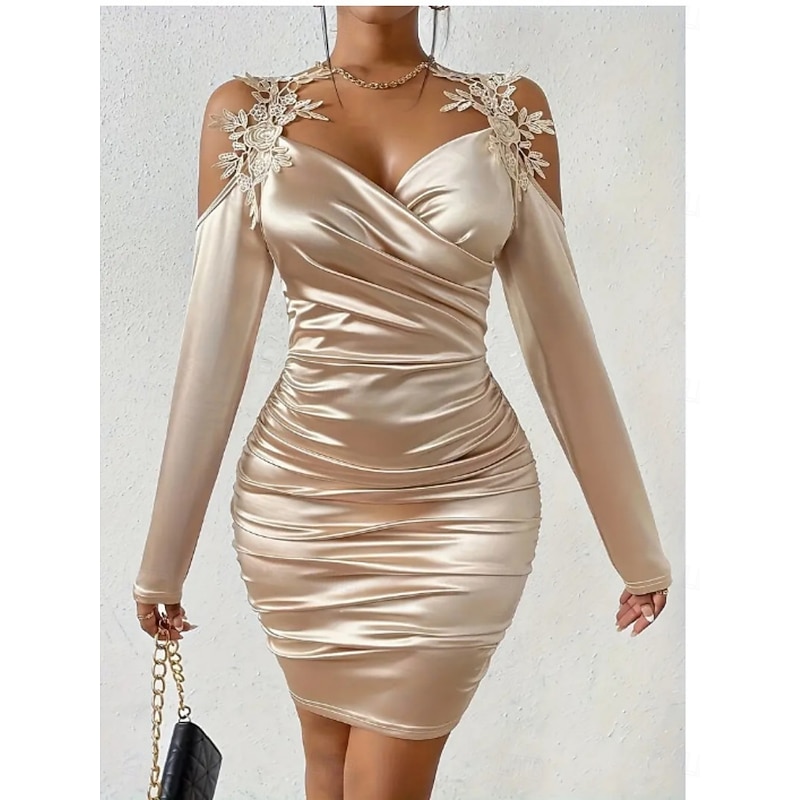 Women's Mini Dress Sheath Dress Off The Shoulder Dress Elegant Party Cocktail Outdoor Party Wedding Guest Regular Fit Solid Color Long Sleeve Strap Black Red Beige Summer