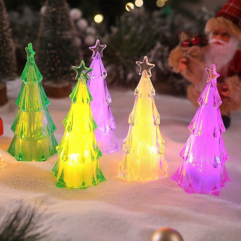 1 Pc 12.5 * 6CM Christmas Acrylic LED with Light Christmas Tree Night Light Indoor and Outdoor Party Desktop Decoration Ornament Light Colorful Warm Light AG10 * 3 Batteries4