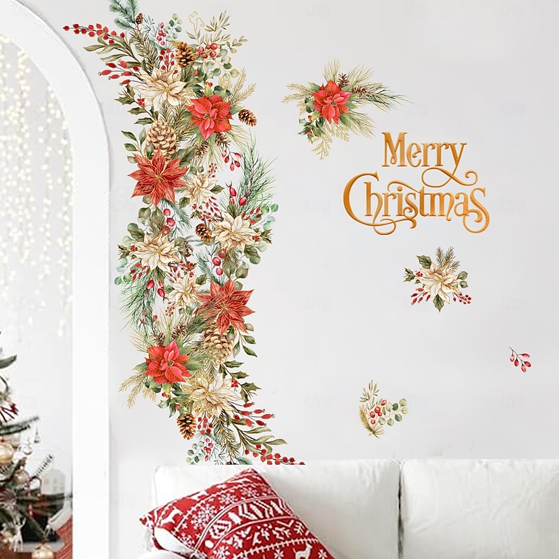 Christmas Sticker Wall Decals Holiday Flower Design Removable Vinyl Mural Bedroom Bedside Decoration Christmas Party Background Wall Art Home Decor Supplies4