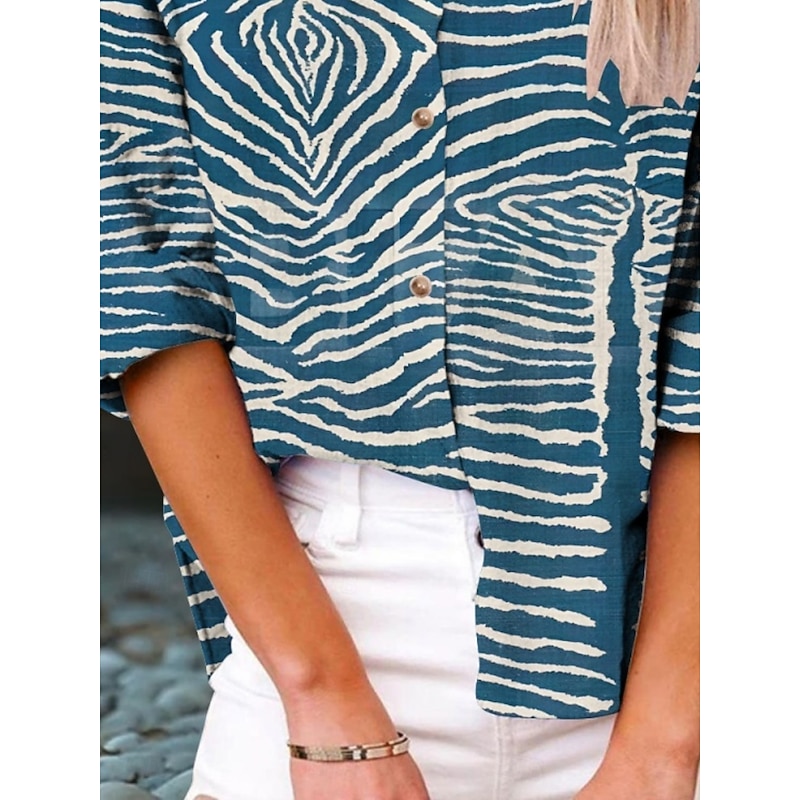 Women's Shirt Geometric Active Daily Stylish Long Sleeve Shirt Collar Regular Tops Daily Holiday Buttons Print Blue Summer Spring Fall3