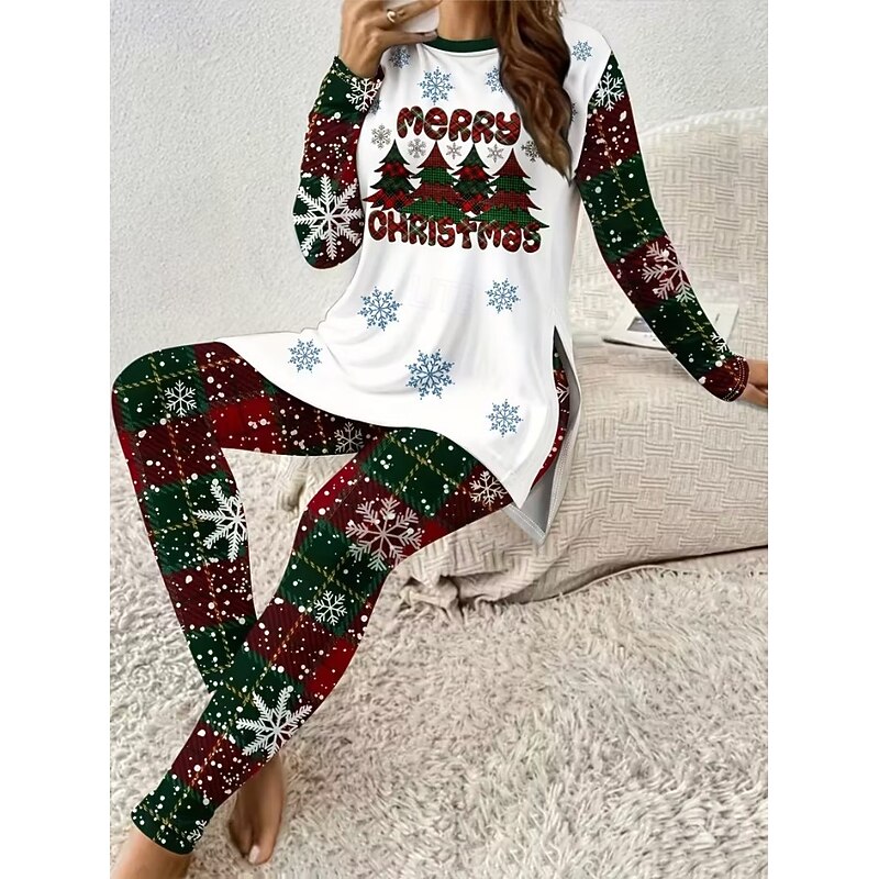 Women's Elegant Vacation Fashion T Shirt Pants Sets Long Sleeve Crew Neck Graphic Ugly Christmas Print Casual Daily Casual Daily White Spring Regular Fit