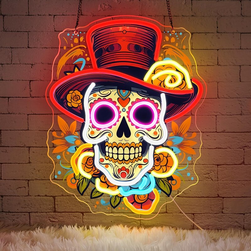 1 Pc 38 * 30CM Halloween Skull UV Neon Decorative Light Indoor Restaurant Party Festive Atmosphere Wall Light Dimmable Rose Skull Light Signage USB Power Supply4