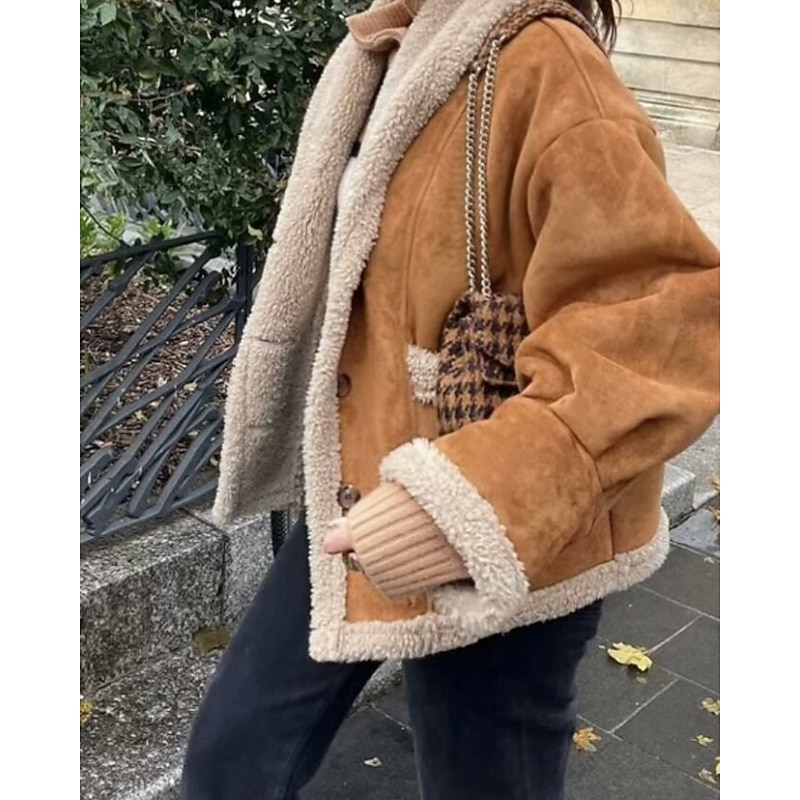 Women's Winter Coat Teddy Coat Warm Comfortable Pocket Buttons Vintage Color Block Vacation Daily Wear Going out Weekend Regular Lapel Loose Fit Long Sleeve Outerwear Black White Green Fall Winter4