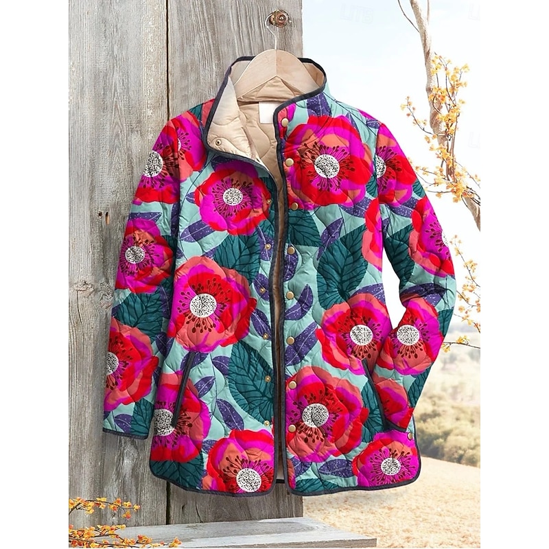 Women's Winter Jacket Puffer Jacket Warm Comfortable Pocket Buttons Print Fashion Daily Outdoor Floral Vacation Casual Daily Single Breasted Regular Stand Collar Regular Fit Long Sleeve Outerwear Red
