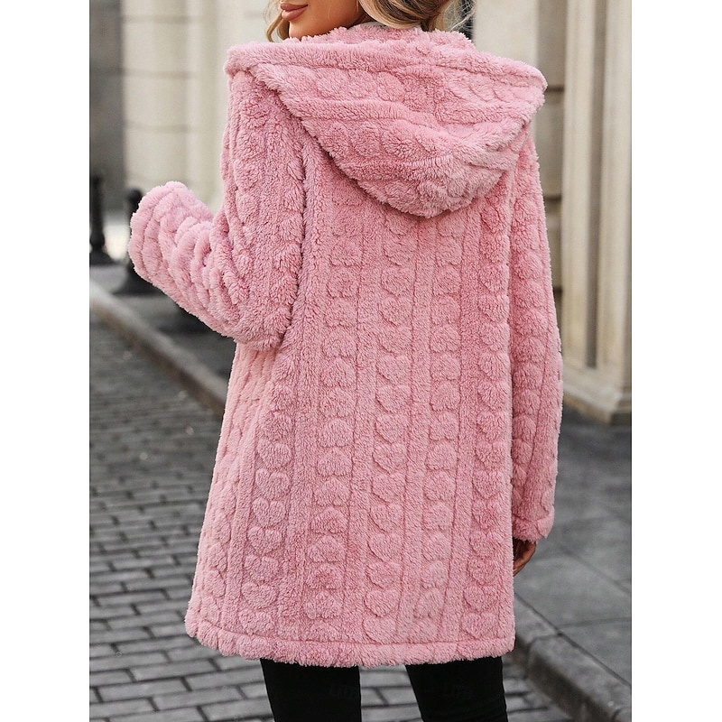 Women's Sherpa Jacket Comfortable Breathable Jacquard Elegant Casual Plain Vacation Street Casual Daily Wear Open Front Long Hooded Regular Fit Long Sleeve Outerwear Pink Spring Fall2