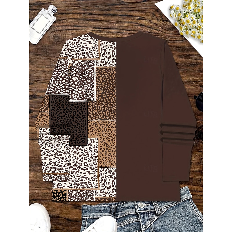 Women's T Shirt Graphic Leopard Geometric Vintage Stylish Classic Long Sleeve V Neck Regular Tops Daily Print Brown Spring Fall Winter3