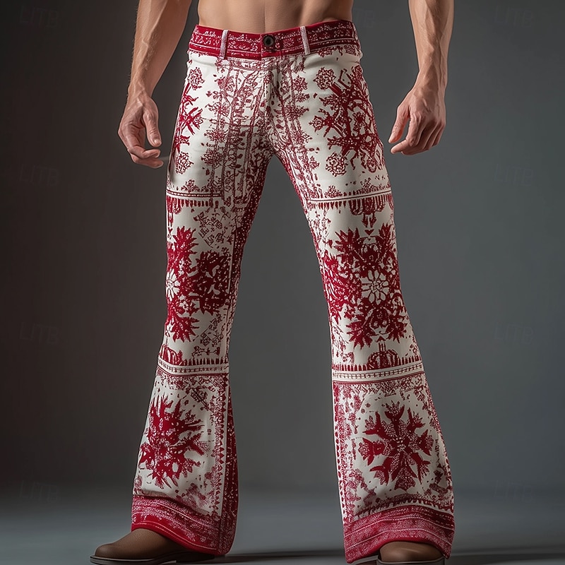 Christmas Men's Snowflake Christmas Costume Disco Pants 60s 70s Bell Bottoms Mid Waist Western Vintage Retro Outdoor Holiday Side Pockets Flared Leg Pants Trousers Spring Fall 3D Print Red