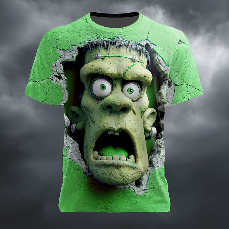 Halloween Men's Optical Illusion Zombies 3D T Shirt Short Sleeve T shirt 3D Print Crew Neck Shirt Exaggerated Designer Horror Party Street Holiday Lake Blue Purple Green Summer Spring All Seasons