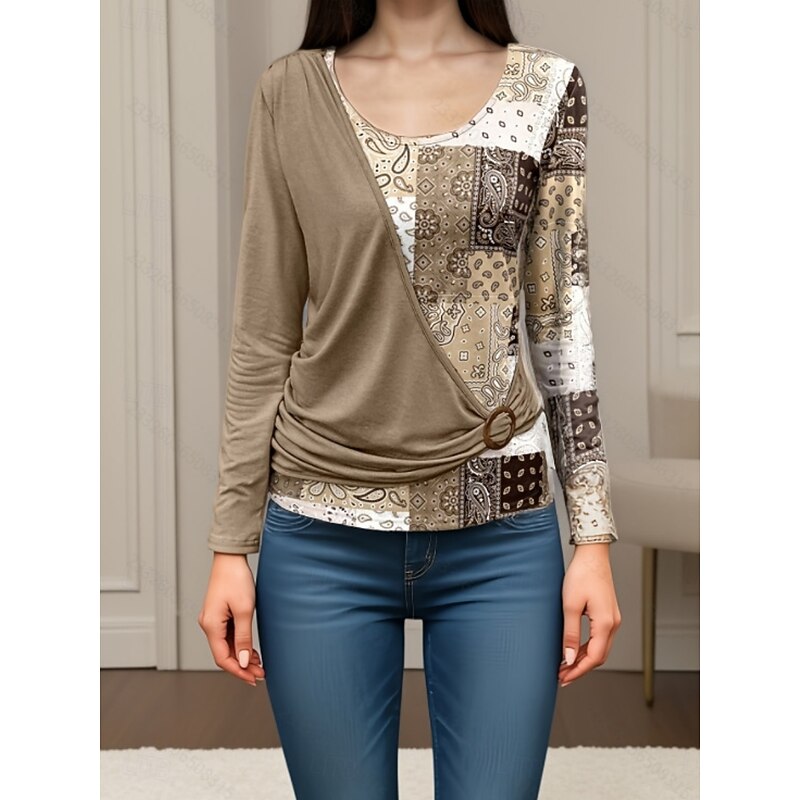 Women's Blouse Paisley Stylish Casual Long Sleeve Crew Neck Regular Tops Daily Patchwork Print Orange Brown Green Gray Spring Fall Winter2