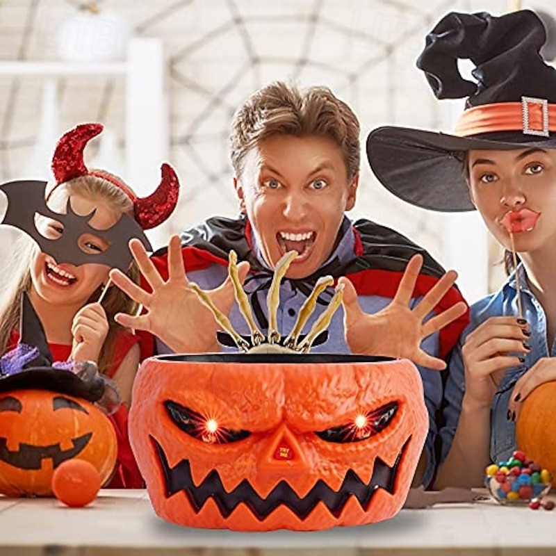 Halloween Gray Candy Bowl Dish with Animated Hand Spooky Decoration Props LED Eyes & Sound for Haunted House Horror Party Bar Table Decor