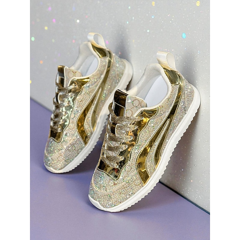 Women's Glitter Sequin Sneakers with Gold Detailing - Sparkly Fashion Shoes for Nightlife Party, Clubbing and Dance Events4