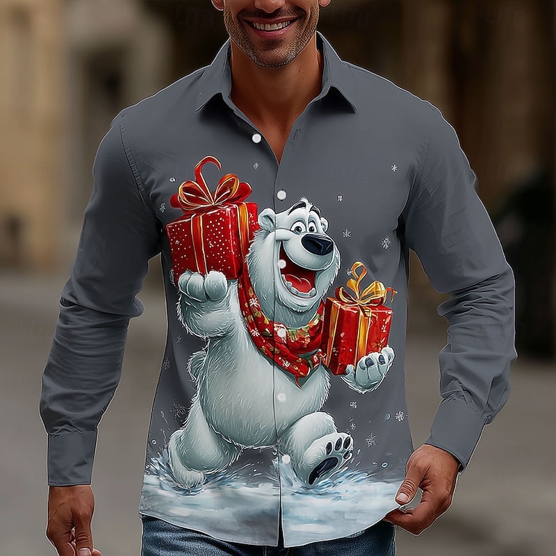 Christmas Men's Bear Snowman Christmas Gift Shirt Button Up Shirt Long Sleeve Funny Outdoor Holiday Spring Fall Turndown 3D Print Collared Shirts Gray 2# Gray 1# Gray 3# Gray2