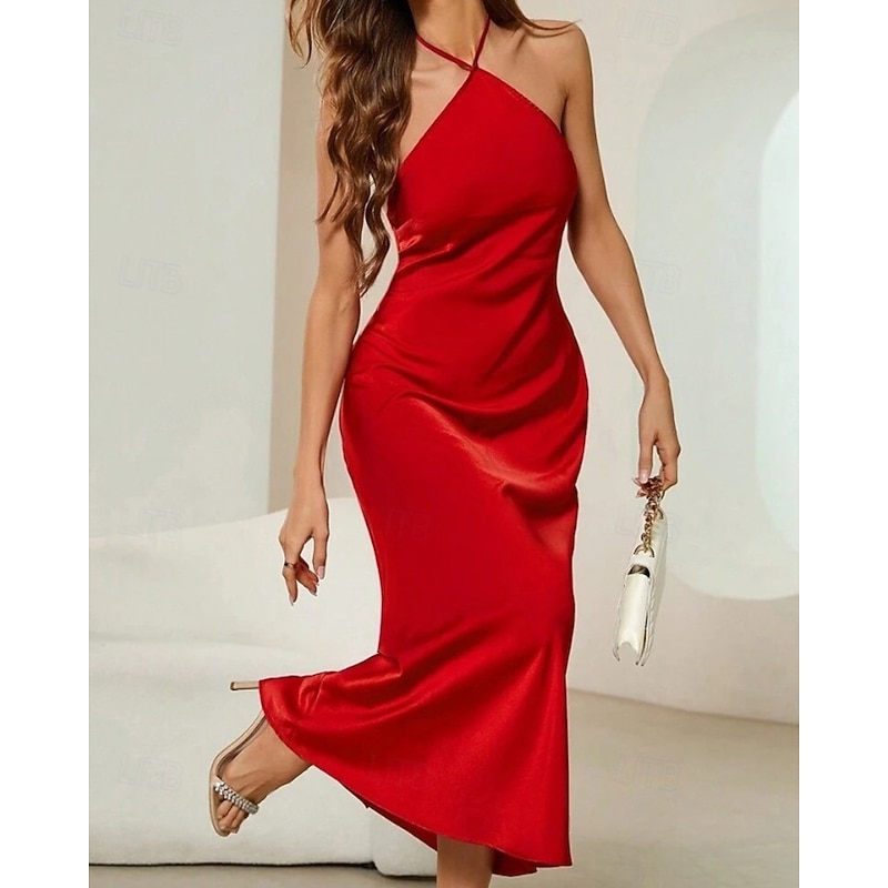 Women's Long Dress Maxi Dress Party Dress Cocktail Dress Satin Dress Slip Dress Elegant Fashion Party Special Occasion Evening Party Regular Fit Plain Sleeveless Halter Neck Wine Red Blue Dark Green