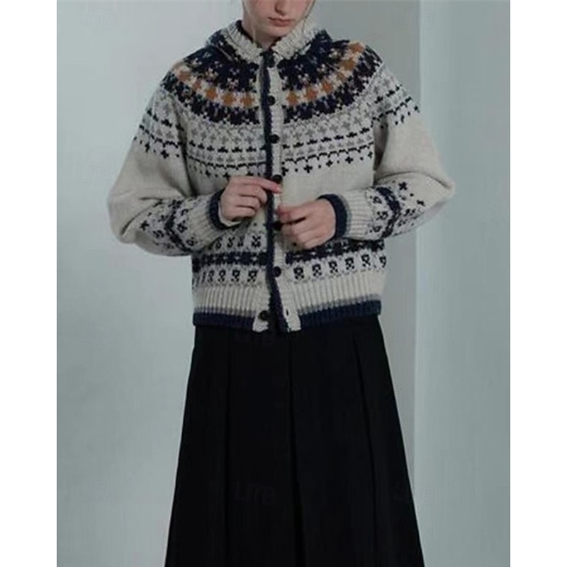 Women's Sweater Cardigan Fair Isle Sweater Vintage Fashion Casual Geometric Ribbed Hooded Buttons Knitted Print Long Sleeve Regular Tops Knit Christmas Outdoor Daily Gray Fall Winter4