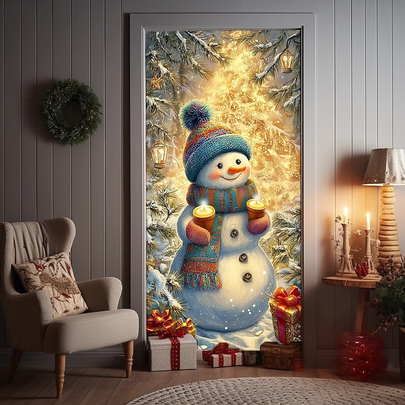 Christmas Door Cover, Cute Snowman with Winter Forest Background, Door Curtain for 2025 Xmas Holiday Party, Indoor Outdoor Festive Entrance Home Decoration3
