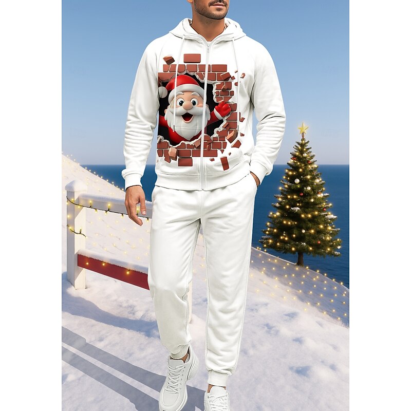 Christmas Men's Hoodie Tracksuit Zip Hoodie Drawstring Pockets Pants Hoodie Sweatshirt Fall White Red Gym Workout Casual Basketball Baggy Long Sleeve Sport Activewear Stretchy Regular Fit