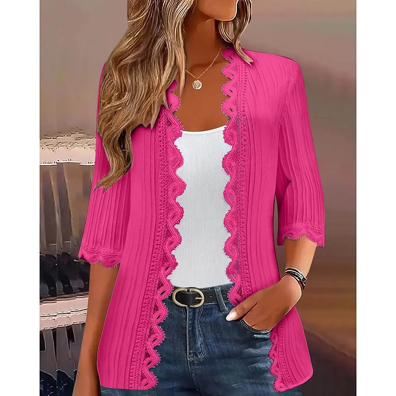 Women's Sweater Cardigan Streetwear Casual Solid Color V Neck Knitted 3/4 Length Sleeve Regular Tops Knit Holiday Going out Weekend Wine Red Black Spring Fall4