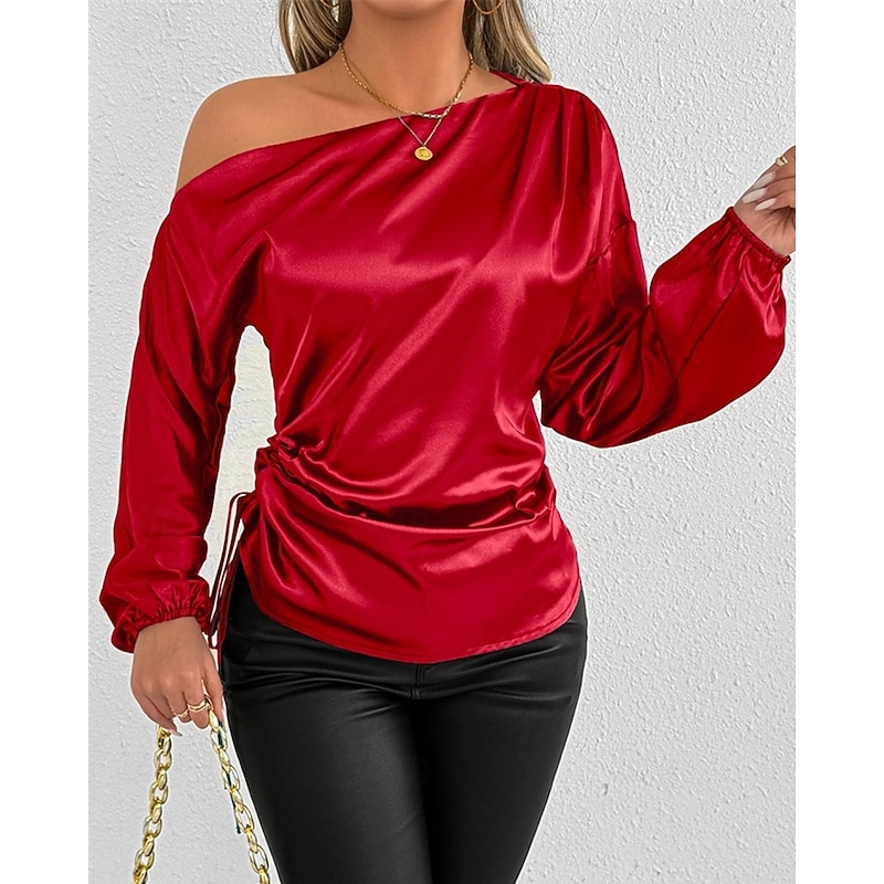 Women's Shirt Elegant Dressy Satin Solid Color Plain Stylish Casual Long Sleeve Cold Shoulder Regular Tops Daily Going out Asymmetric Red Summer Spring Fall